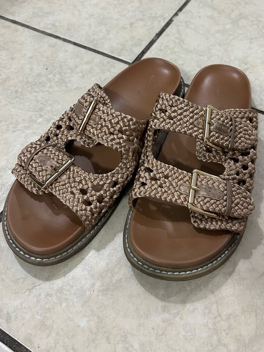 Universal Thread Woven Double-Buckle Slide Sandals in Brown